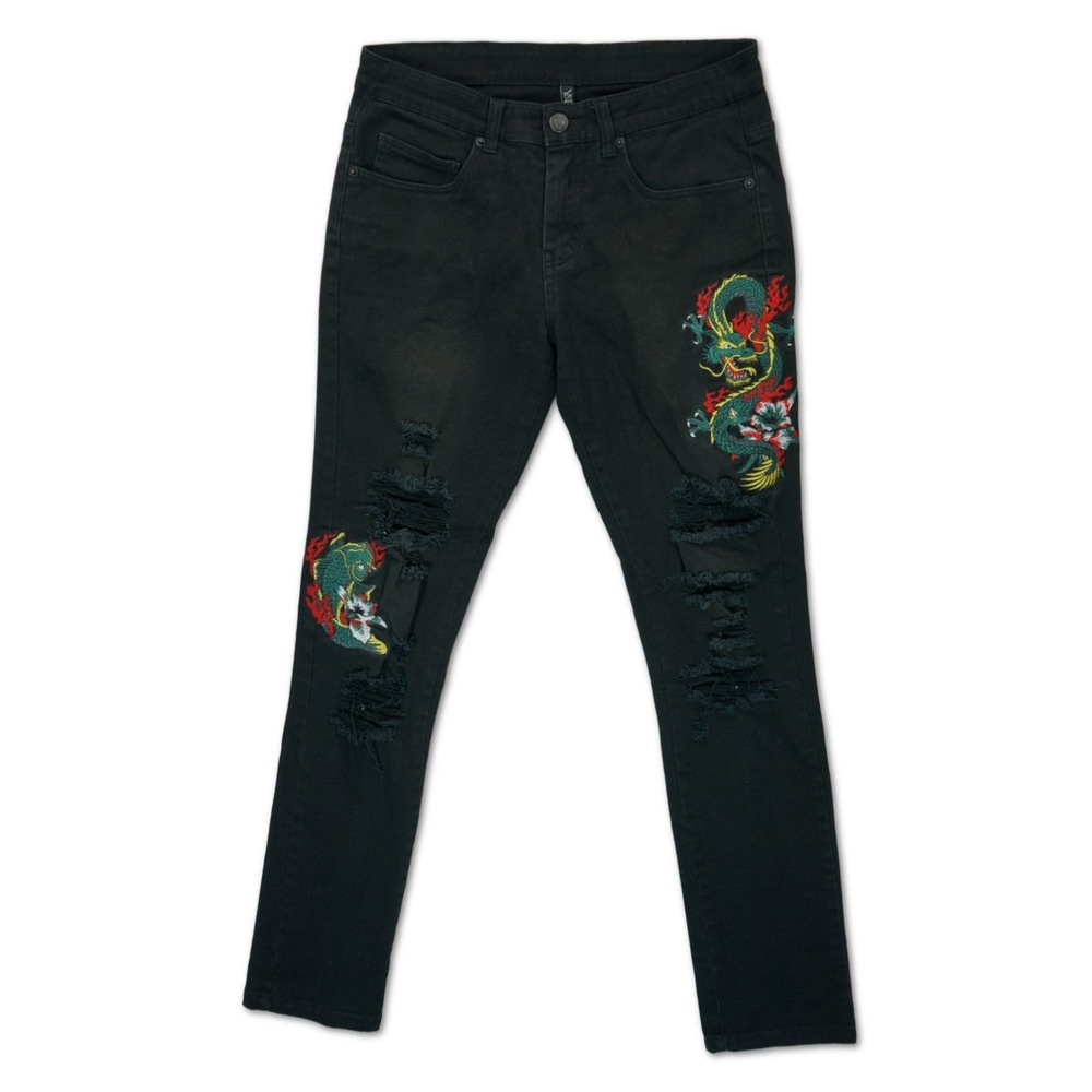 Young & Reckless Jeans Mens 30 Black Embroidered Dragon‎ Streetwear Skater Denim